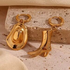 Golden Rodeo Cowboy Boot and Hat Dangle Earrings